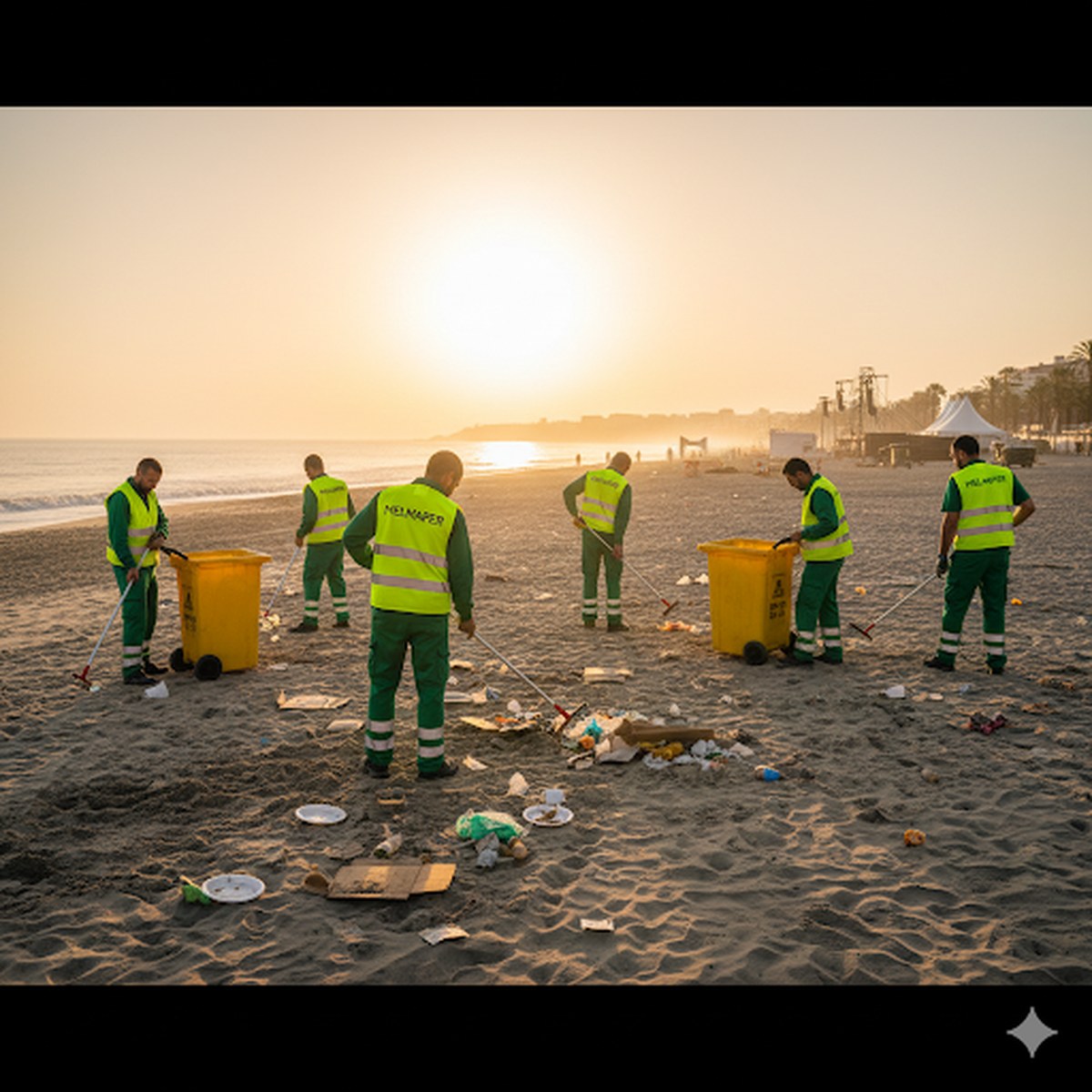 Equipo Melmaper limpiando playa al amanecer en el Maresme