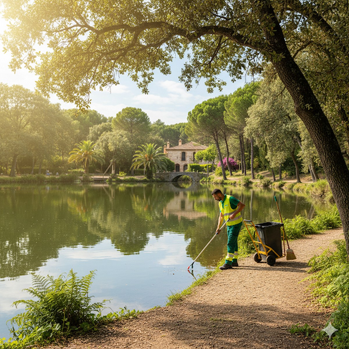 Trabajador Melmaper en parque con lago en luz dorada