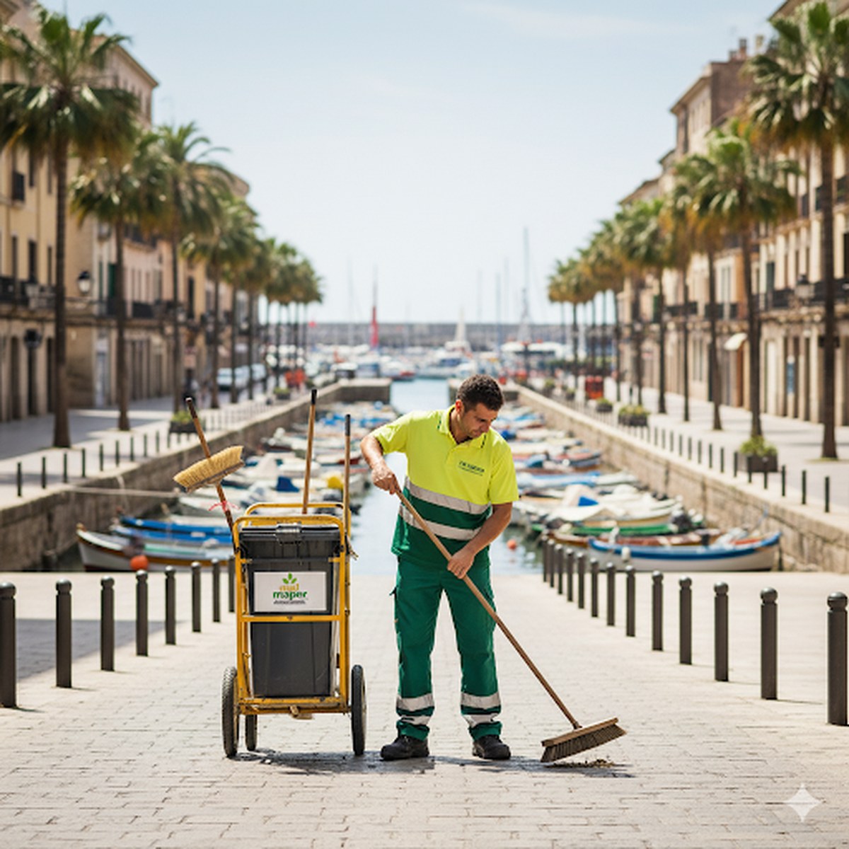 Operario Melmaper barriendo en el puerto con palmeras